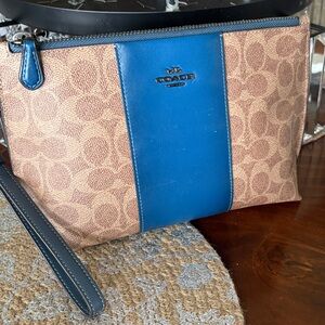 Coach Signature Canvas Wristlet with Blue Leather Panel